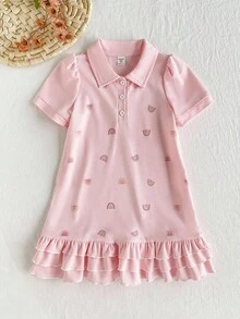 Girls Casual Rainbow Print Puff Sleeve Polo Collar Ruffled Hem Short Sleeve Dress  Back To School Girls Clothes Girls Summer Outfits Back Tp School Clothes School Clothes School Supplies School Bags  Girls Polo Dress Back To School School Clothes - Pink - View 3