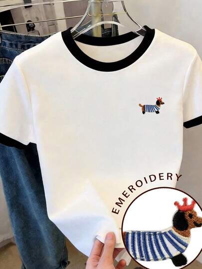 Resyla Cute Puppy Print Women Round Neck Short Sleeve T-Shirt