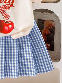 Elladie kids 2026 夏季新款柔软舒适面料时尚单品，2026 春夏新款度假旅行必备单品，女童两件套，短袖印花上衣搭配格子裙，甜美时尚的夏季休闲装扮 - 藍色 - 查看 5