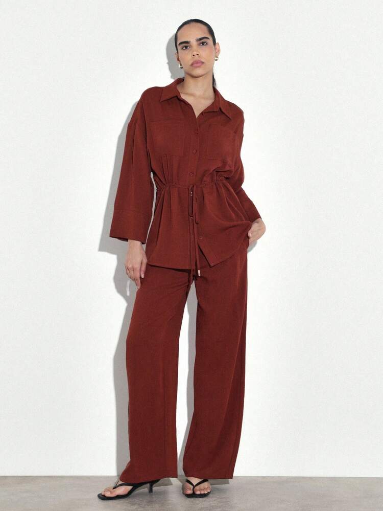 KSTM Women Rust Orange Wide Leg Drawstring Waist Casual Long Pants With Button Front And Tie Detail For Fall Fashion