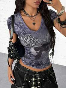 SHEIN HypeZone Áo thun ngắn tay nữ phong cách đường phố in họa tiết đính đá, thích hợp cho mùa hè. - Màu xám đen - Xem 1