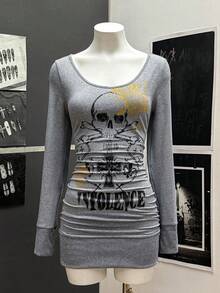 StreetHx Women's Round Neck Letter & Skull Print Casual Daily Party Going Out Mini Dress - Grey - View 8