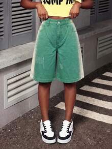 Slaydiva 女士休闲日常口袋纽扣牛仔短裤 - 綠色 - 查看 4
