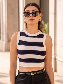 Andrea Bello 女式休闲简约海军蓝条纹短款针织毛衣 - 寶藍色 - 查看 3