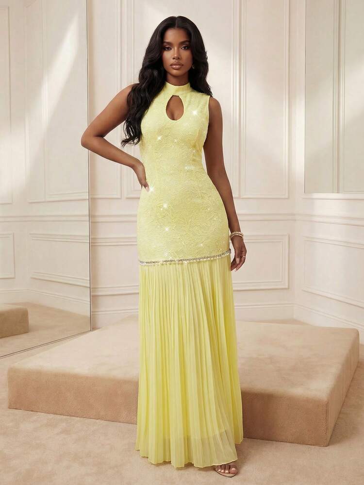 Women's Long Elegant Dress, Pleated Fishtail Hem Lace Dress, Suitable For Party, Music Festival, Spring/Summer New Arrival