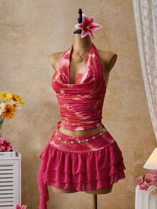 Femesol 两件套度假粉色印花露背吊带不对称上衣搭配迷你印花裙，尽显优雅气质，适合锐舞派对、音乐节、街头风、演唱会、夜店、约会、生日派对、派对必备、基础款、外出、休闲针织、亮面等场合，也是毕业季的理想之选。 - 彩色 - 查看 2