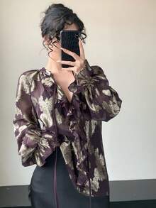 DAZY 女士优雅印花系带腰身衬衫，春夏款 - 黑色 - 查看 7