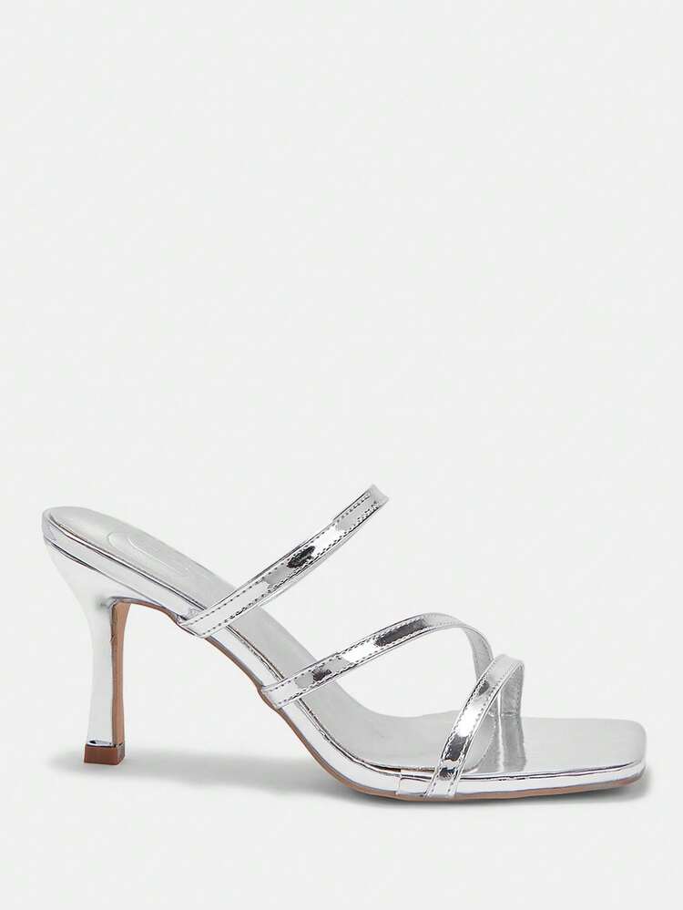 CUCCOO CURVES Women Shoes Wide Fit Women's Square Toe Silver Multi-Strip Women's High Heel Sandals Daily Versatile Commuter Fashion Wide Fattened Women's Sandals Plus Size Summer Shoes
