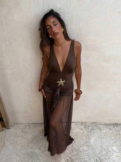 Swim Oasis Women's Solid Deep V Metal Decor Ruched Split 2 Piece One-Piece Swimsuit, Spring/Summer