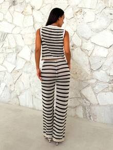 Firerie Women's Round Neck Contrast Trim Hollow Striped Sweater 2 Pieces Set, Spring/Summer - Apricot - View 2