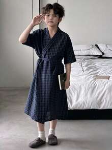 Dazy Kids 青少年男童格子交叉打结休闲家居服和长睡衣 - 藏蓝色 - 查看 5