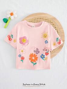 Cozy Pixies 女童水果图案针织柔软圆领短袖落肩套头衫 - 淺粉色 - 查看 3