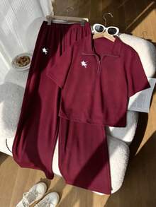 SHEIN 两件套女童休闲连帽衫套装，灰色翻领拉链短袖露脐卫衣搭配同色宽松长裤，正面刺绣设计，适合外出、室内、运动、聚会、上学、春夏秋季穿着。 - 酒紅色 - 查看 3