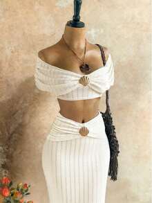 INAWLY Bộ đồ nữ phong cách nhiệt đới thường ngày gồm áo crop top trễ vai và chân váy trang trí vỏ sò kim loại, trang phục thời trang ngày lễ cho nữ, bộ đồ hai mảnh cho nữ, trang phục mùa hè hai mảnh cho nữ, bộ đồ phối hợp mùa hè cho kỳ nghỉ, màu trắng ngà. - trắng - Xem 3