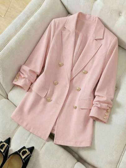 Blazer elegante mujer doble botonadura formal largo moderno versátil oficina uso diario viaje cita oficina