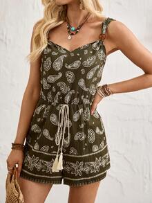 Breezaya Women's Elegant Jumpsuit, Vacation Jumpsuit, Jumpsuit, Patterned Jumpsuit, Beaded Jumpsuit, Short Jumpsuit, Spaghetti Strap Jumpsuit, Spring/Summer Jumpsuit - Green - View 1