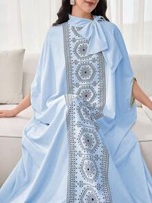 SHEIN Najma 女士拼接优雅领结宽松奢华连衣裙 - 淺藍色 - 查看 1