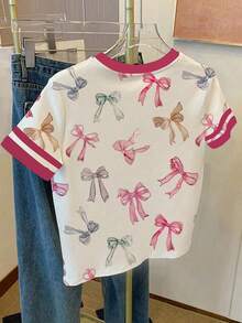 SHEIN 小女孩休闲可爱蝴蝶结图案T恤，适合夏季假期和情人节穿着 - 彩色 - 查看 2