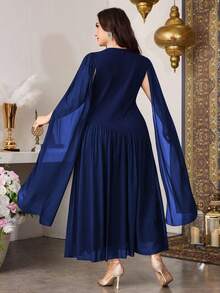 Modelyn Elegant Solid Color Round Neck Extra Long Sleeve Fitted Chiffon Patchwork Maxi Dress, Spring/Autumn, Plus Size - Navy Blue - View 2