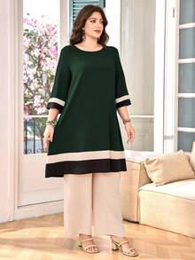 Lacomfia Plus Size Women Striped Round Neck 3/4 Sleeve Top And Pants Casual 2 Pieces Set - Army Green - View 5
