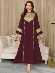 Al Najma Đầm nữ thanh lịch, sang trọng, cổ điển, đính sequin, thêu, họa tiết hoa, phối màu trơn, có tua rua. - Màu Đỏ Sâu - Xem 5