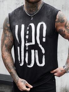 Manfinity Homme Men's Street Style Letter Print Distressed Texture Jacquard Crew Neck Sleeveless Fashion Tank Top - Black - View 6