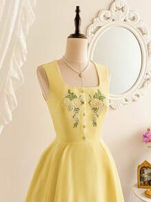 Vintamour 复古优雅女士连衣裙，带口袋，花卉刺绣，碎花方领，吊带休闲度假迷你裙，夏季女装，夏季连衣裙，复活节连衣裙，春季女装，春季连衣裙，度假装，女士度假装，女士连衣裙，夏季防晒连衣裙，女士正式连衣裙，优雅度假装，女士夏季度假装 - 黃色 - 查看 7