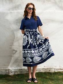 Airaco Women's Floral Print Ruched Casual Party Midi Dress, Suitable For Summer - Navy Blue - View 4