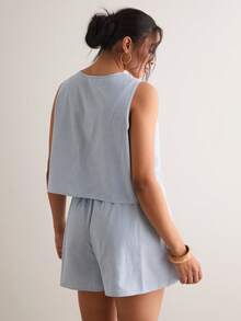 Levarali Plus Size Bohemian Light Blue Stripe Sleeveless 2-Piece Set Summer Smart Casual Tie-Up V-Neck Vest Top Loose Wide Leg Shorts Outfit Beach Vacation - Blue and White - View 2