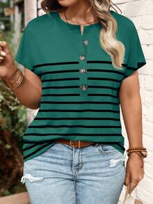 EMERY ROSE Plus Size V-Neck Button Striped Short Sleeve T-Shirt, Loose Fit, 2025 New Arrival - Green - View 4