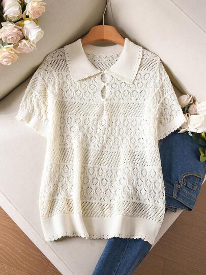 CosyJoli Plus Size Hollow Out Lightweight Short Sleeve Knit Polo Collar Top, Spring/Summer