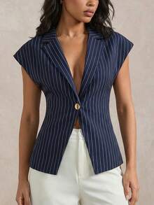 Briarwyn 女士条纹翻领单排扣休闲西装外套 - 藏蓝色 - 查看 3
