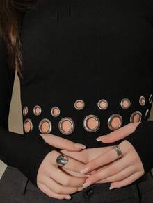 Bris Aura 2025 New Arrival Minimalist Fall-Winter Women's Slim-Fit Turtleneck Cropped Long Sleeve Top With Bold Metallic Eyelet Hem, Avant-Garde, Urban Cool Style, Statement Piece, Figure-Flattering, Party-Ready Eye-Catcher, Hot Girl, Cutting-Edge Design, Fashion-Forward, Black Top - Black - View 5