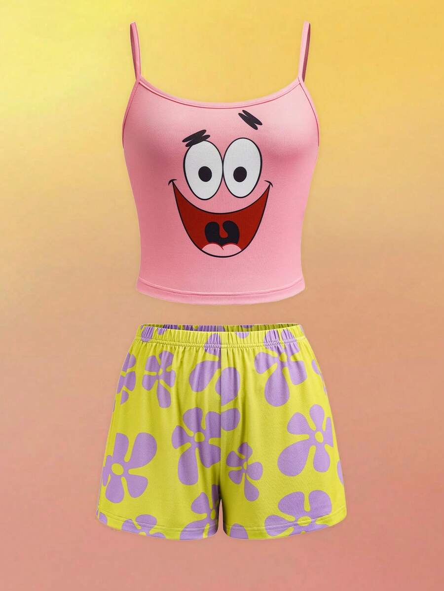 SpongeBob SquarePants | SHEIN Bộ đồ ngủ nữ gồm áo hai dây và quần short. - Nhiều màu - Xem 1