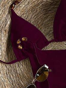 Swim Vcay 女士串珠装饰露背系带性感比基尼套装，闪亮面料，适合海滩度假 - 酒紅色 - 查看 5