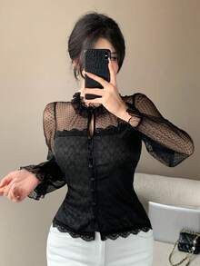DAZY Top Preta Feminina de Poá em Tule Transparente com Recortes de Renda, Elegante para o Dia dos Namorados, Casamento, Festa, Ocasião Formal, Ajuste Slim em Tule Fino de Manga Longa, Adequada para Verão, Outono, Primavera - Preto - Visão 1