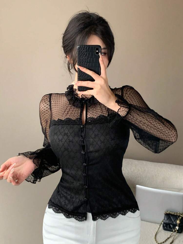Women's Black Polka Dot Sheer Mesh Patchwork Lace Blouse, Elegant For Valentine's Day, Wedding, Party, Formal Occasion, Slim Fit Thin Mesh Long Sleeve Top, Suitable For Summer, Autumn, Spring