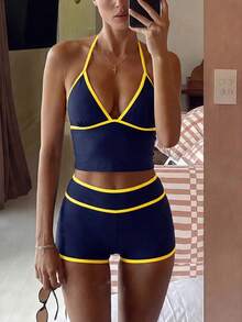 Costavie 2026春夏吊带蓝杏色撞色三角杯高腰短裤甜美女士两件式比基尼泳衣 - 藏蓝色 - 查看 1