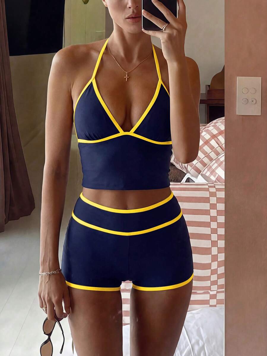 Costavie 2026春夏吊带蓝杏色撞色三角杯高腰短裤甜美女士两件式比基尼泳衣 - 藏蓝色 - 查看 1