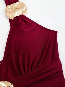 SHEIN Swim Oasis 女士棕色纯色连体泳衣+金色圆圈装饰长裙，优雅性感沙滩度假装 - 酒紅色 - 查看 4