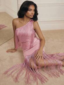 Anewsta 女士新款性感莲花粉色流苏单肩上衣，优雅精致，适合宴会、派对、生日、舞会等场合。 - 藕粉色 - 查看 6