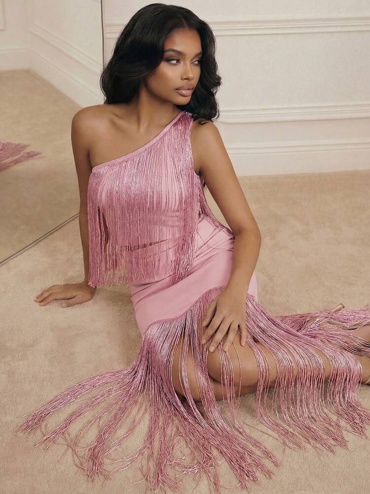 Women's New Sexy Lotus Pink Fringed One Shoulder Top, Elegant And Exquisite For Banquet, Party, Birthday, Ball