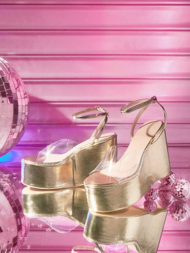 CUCCOO LuxiPop Women's Gold New Round Toe Thick Heel Elegant Sweet Romantic Metal Leather High Heel Sandals, Suitable For Afternoon Tea, Dates, Fashion Parties, Work, Daily Wear, Halloween, Vacation, Travel, 2000s Style