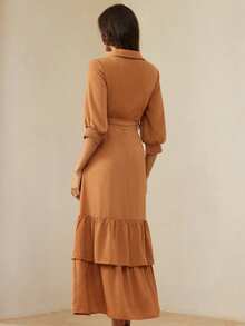 BELROSIE Elegant Casual V-Neck Puff Sleeve Belted Layered Ruffle Hem Dress For Women - Brown - View 6