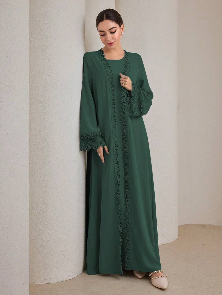 Graceveil 2pcs Women Traditional Long Dress & Abaya Coat Set Modest - Dark Green - View 1
