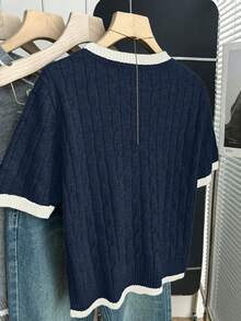 Franclia New Arrival Casual Loose Korean Style Round Neck Cable Knit Contrast Color Pullover Sweater For Women, Autumn/Spring - Royal Blue - View 2