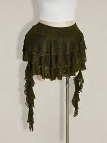 SHEIN ICON 大码度假休闲性感白色蕾丝荷叶边迷你裙，配有安全短裤，适合夏季、音乐节和返校季穿着。 - 軍綠色 - 查看 8