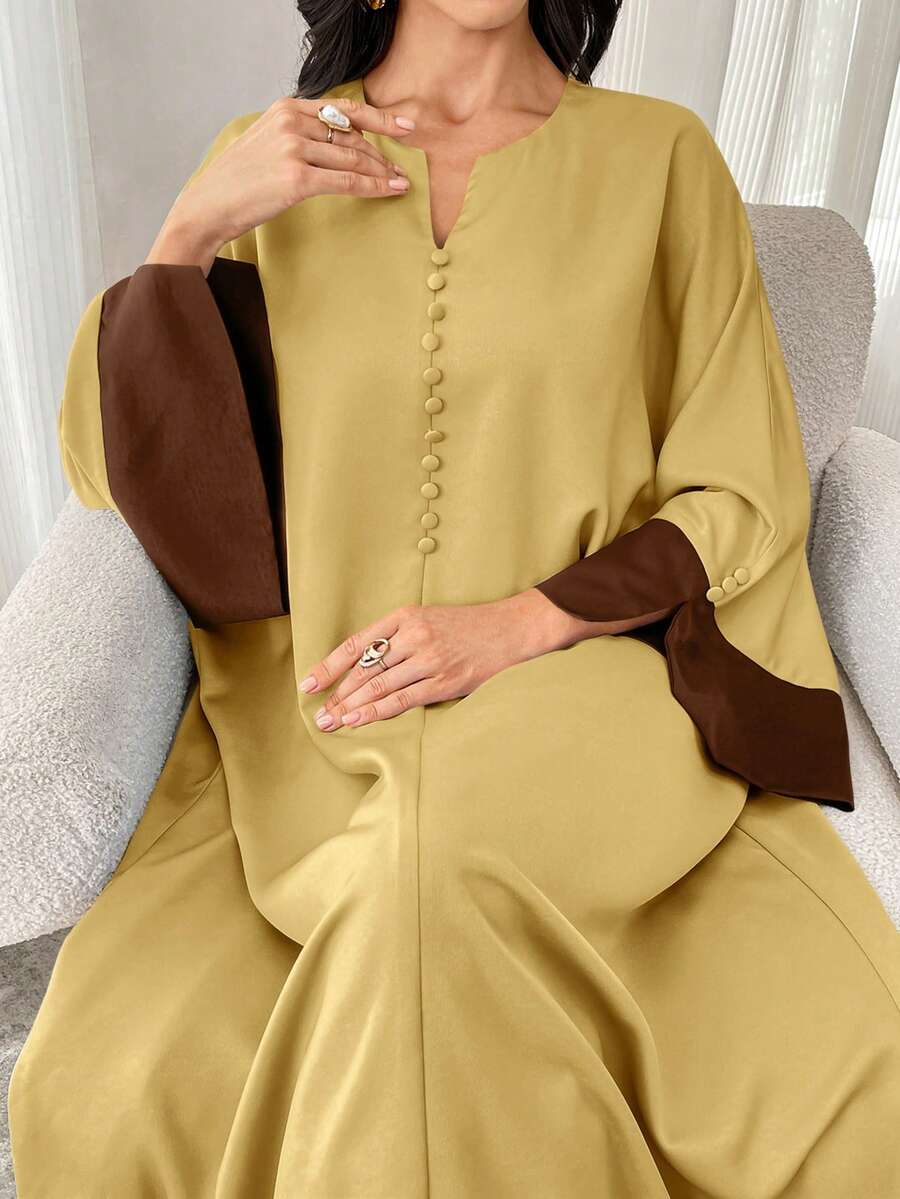 Al Najma 女士V领撞色喇叭袖阿拉伯长裙,端庄优雅,全罩式设计,适合日常休闲/度假/晚宴/婚礼宾客等场合 - 黃色 - 查看 1