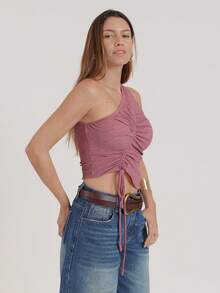 CielaLinda Women Knit One Shoulder Ruched Top - Rose Red - View 4