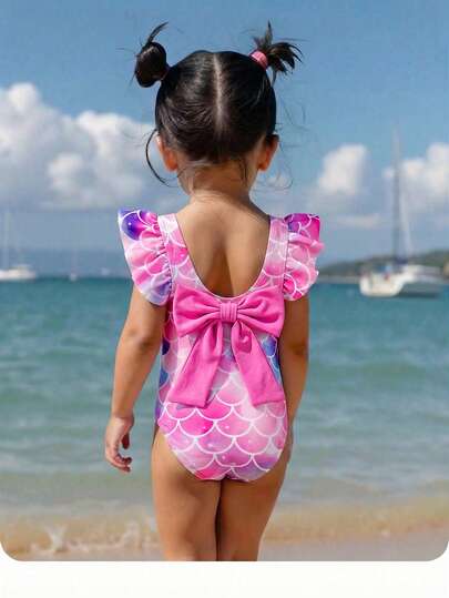 SHEIN Baby Girl Cute Mermaid Scale Pattern Bow Decor Flutter Sleeve Swimsuit